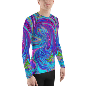 Men's Athletic Rash Guard  Shirts, Blue, Pink and Purple Groovy Abstract Retro Art