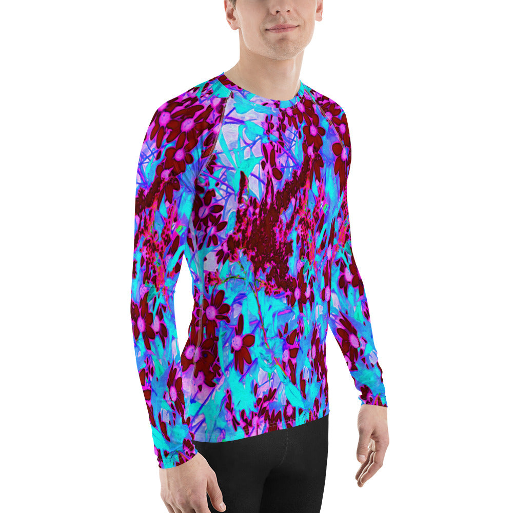 Men's Athletic Rash Guard Shirts, Crimson Red and Pink Wildflowers on Blue