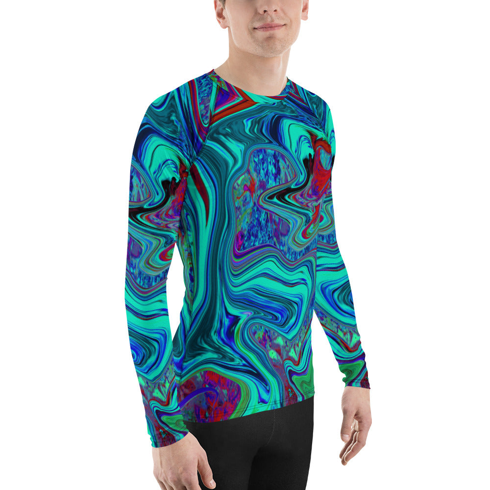 Men's Athletic Rash Guard Shirts, Groovy Abstract Retro Art in Blue and Red