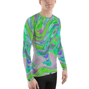 Men's Athletic Rash Guard Shirts, Cool Abstract Chartreuse and Blue Groovy Retro