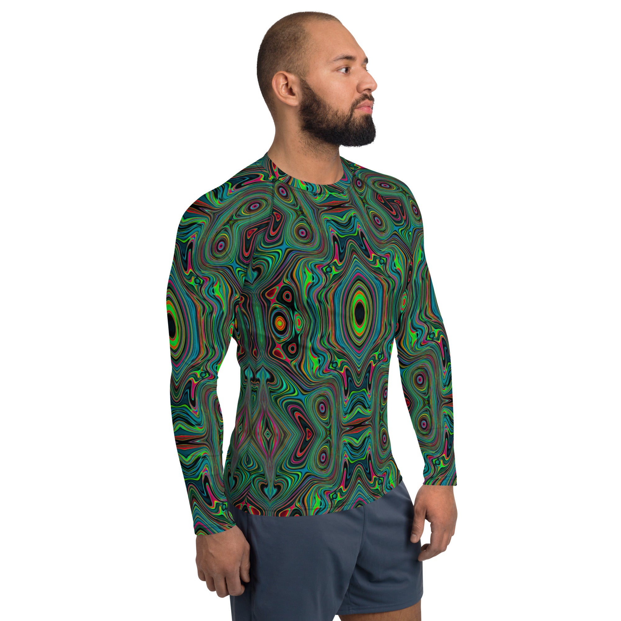 Men's Athletic Rash Guard Shirts, Trippy Retro Black and Lime Green Abstract Pattern
