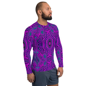Men's Athletic Rash Guard Shirts, Trippy Retro Magenta and Black Abstract Pattern