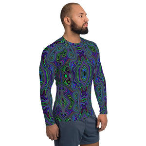 Men's Athletic Rash Guard Shirts, Trippy Retro Royal Blue and Lime Green Abstract