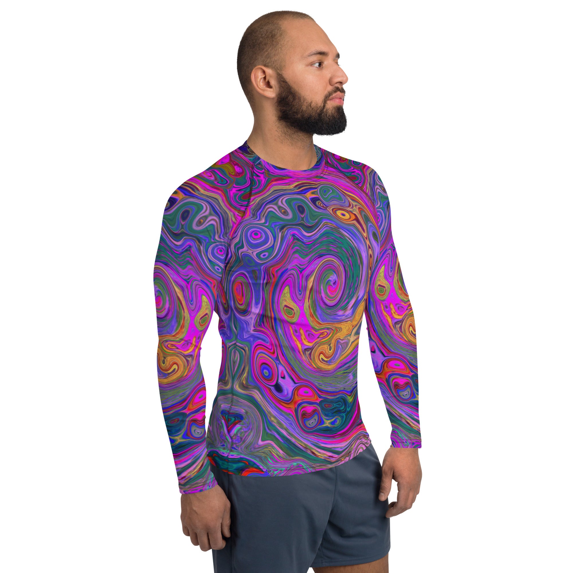 Men's Athletic Rash Guard Shirts, Retro Magenta, Green and Orange Abstract Swirl