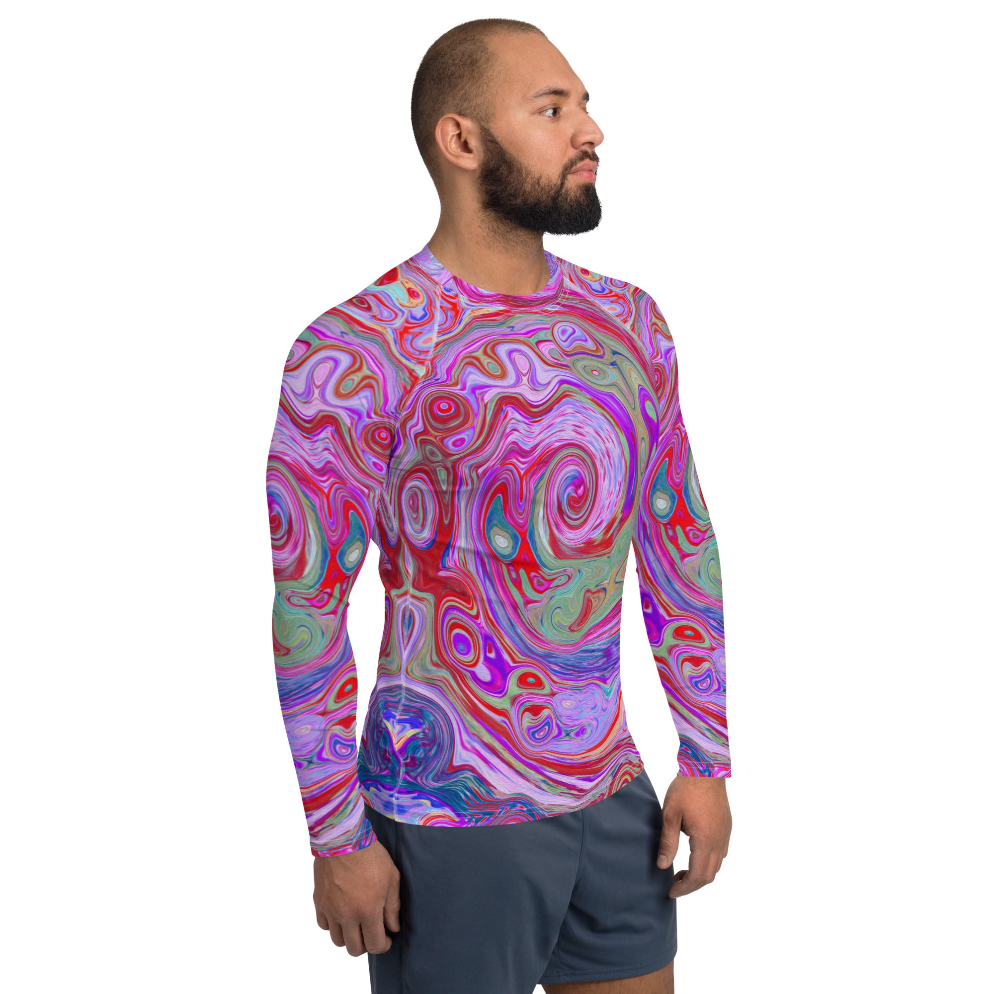 Men's Athletic Rash Guard Shirts, Groovy Abstract Retro Red, Purple and Pink Swirl