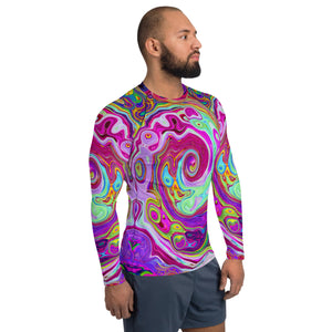 Men's Athletic Rash Guard Shirts, Groovy Abstract Retro Magenta Rainbow Swirl
