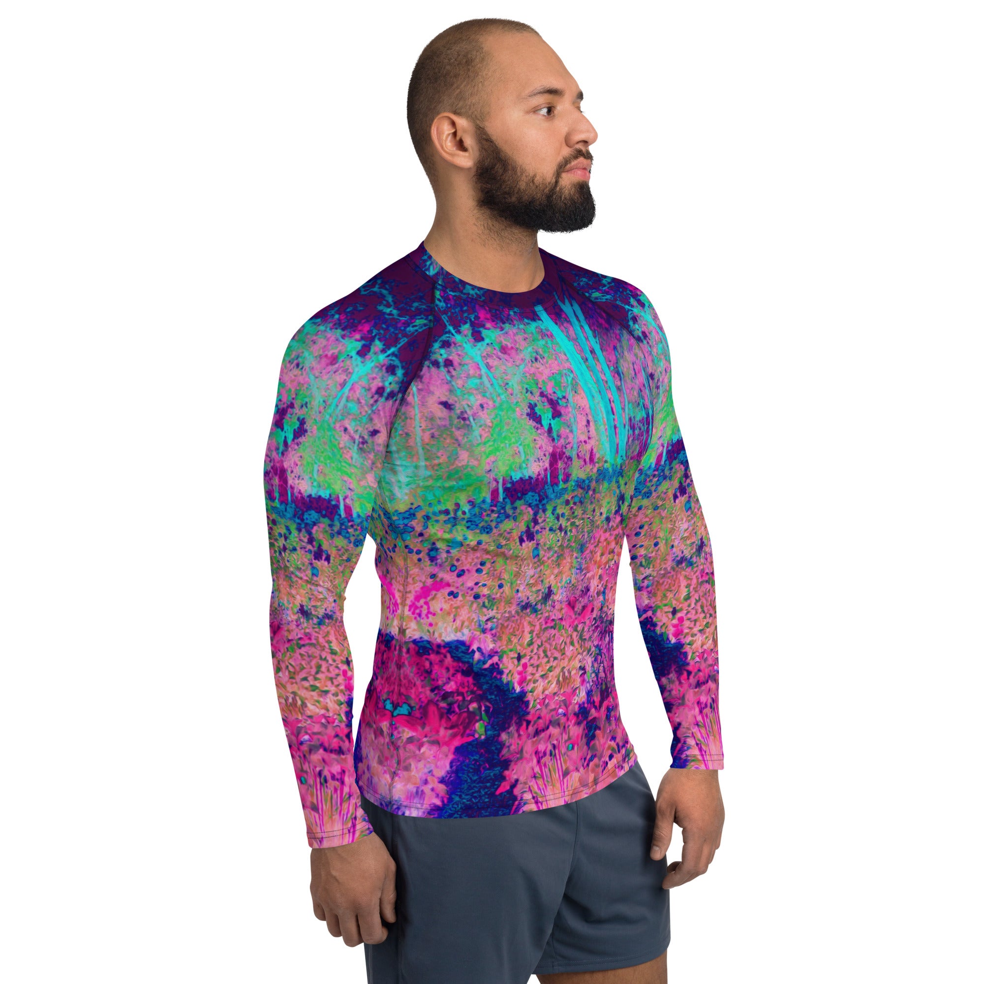 Men's Athletic Rash Guard Shirts - Impressionistic Purple and Hot Pink Garden Landscape