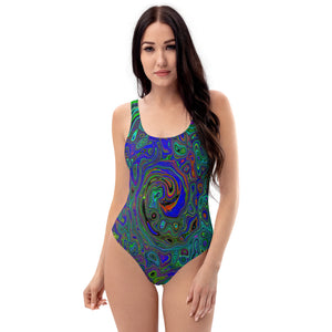 One Piece Swimsuits for Women, Marbled Blue and Aquamarine Abstract Retro Swirl