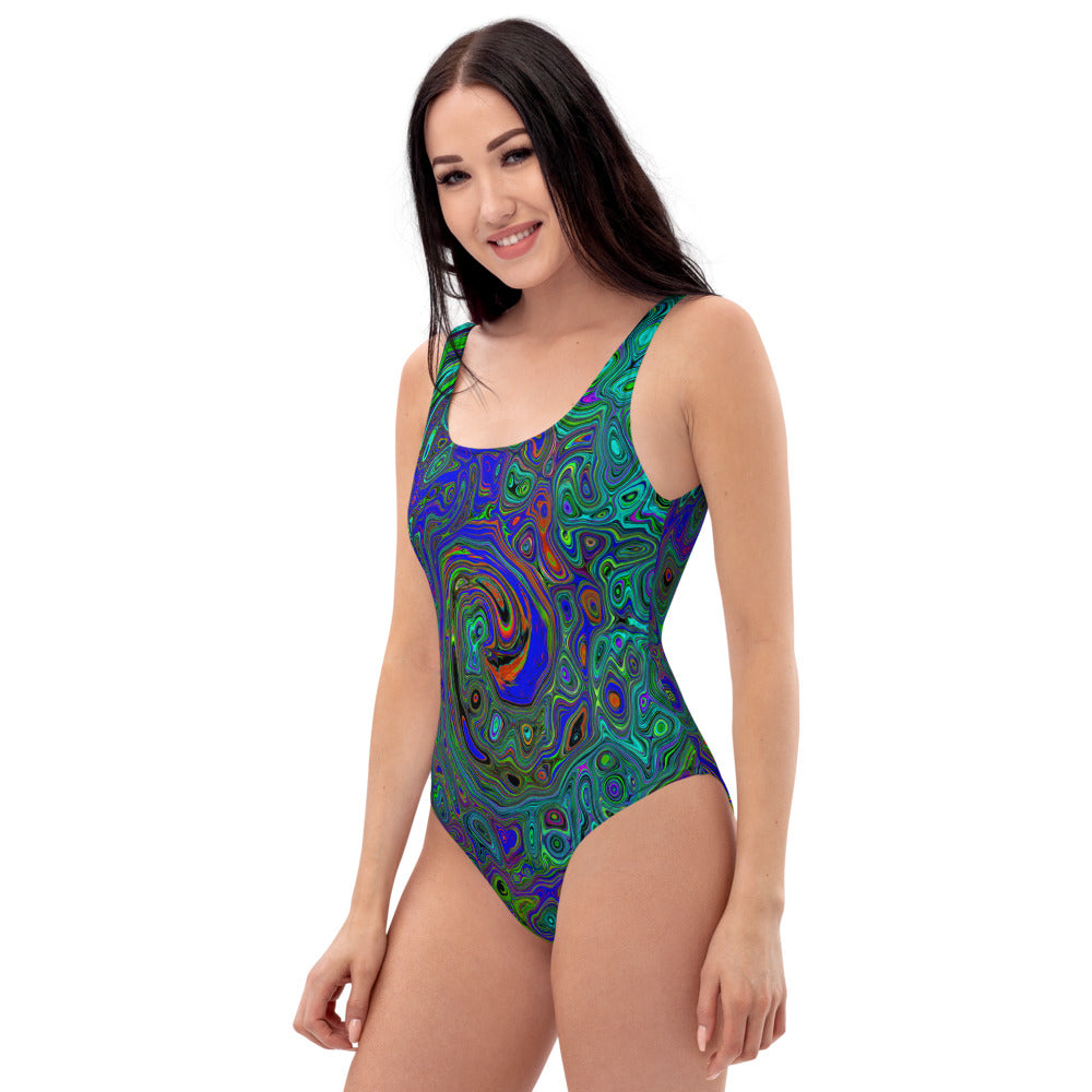 One Piece Swimsuits for Women, Marbled Blue and Aquamarine Abstract Retro Swirl