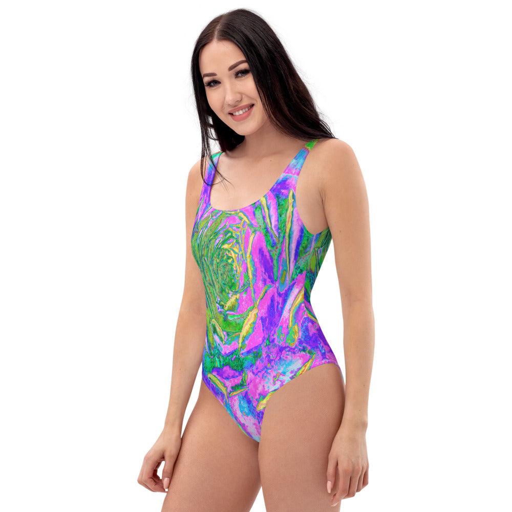 One Piece Swimsuits for Women, Rainbow Colors Fiesta Succulent Sedum Rosette