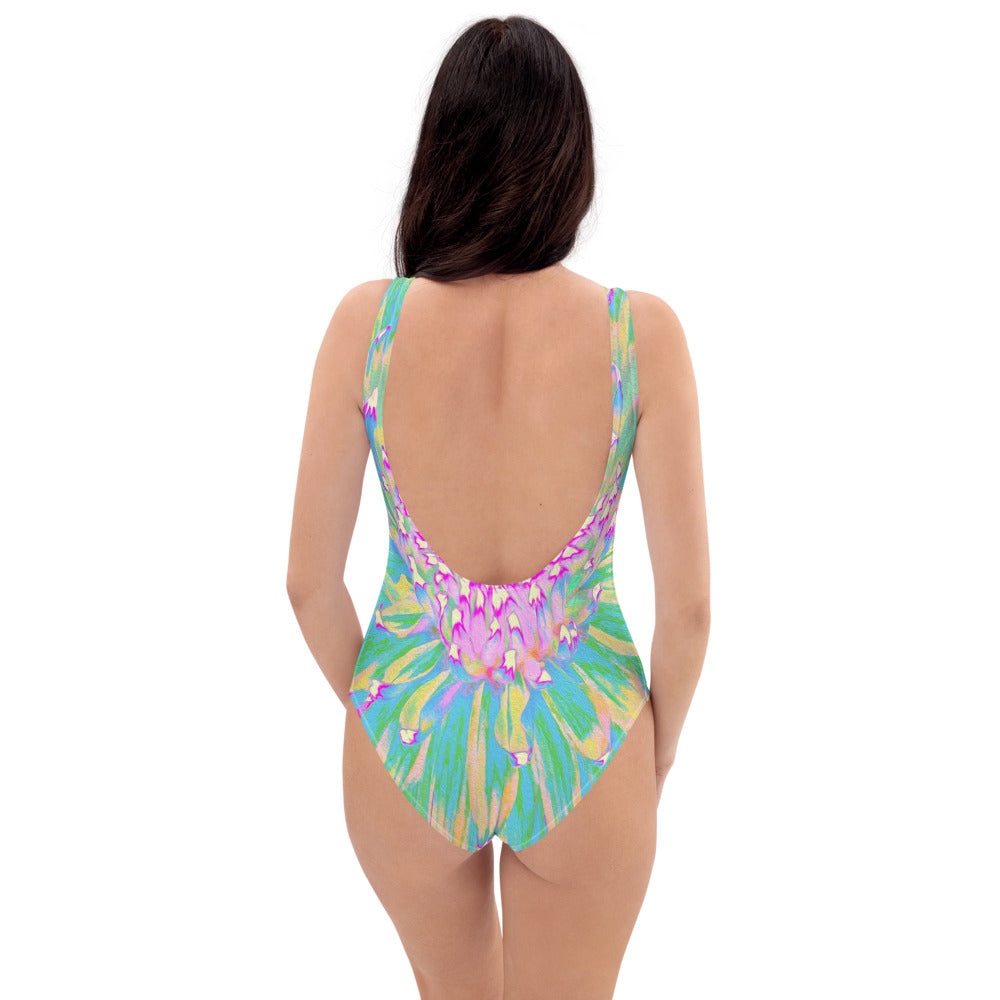 One Piece Swimsuits for Women, Decorative Teal Green and Hot Pink Dahlia Flower
