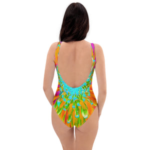 One Piece Swimsuits, Tropical Orange and Hot Pink Decorative Dahlia