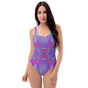 One Piece Swimsuit for Women, Wavy Magenta and Green Trippy Marbled Pattern