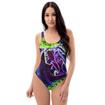 One Piece Swimsuit for Women, Graphic Black White Blue and Green Rose Detail