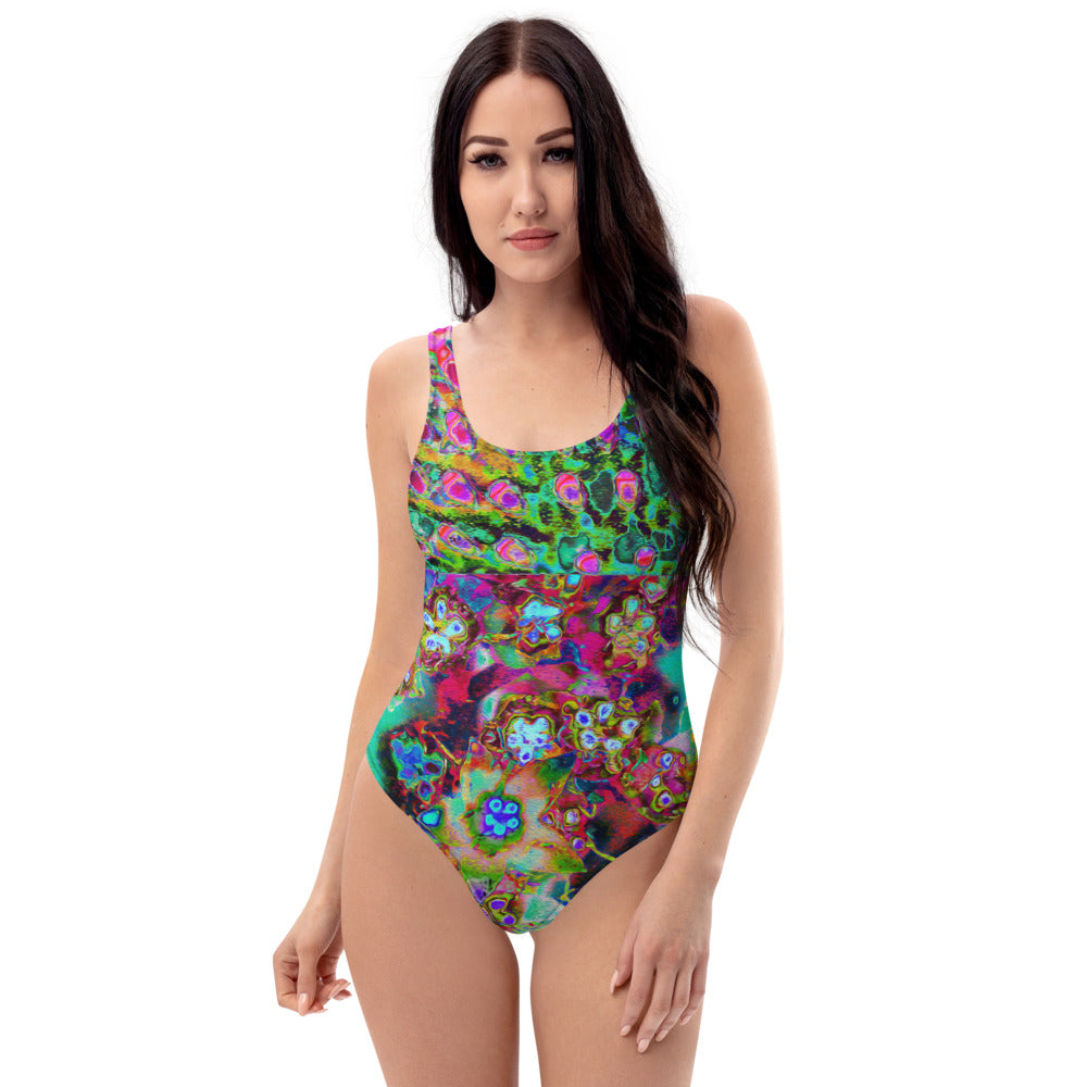 One Piece Swimsuit for Women, Psychedelic Abstract Groovy Purple Sedum