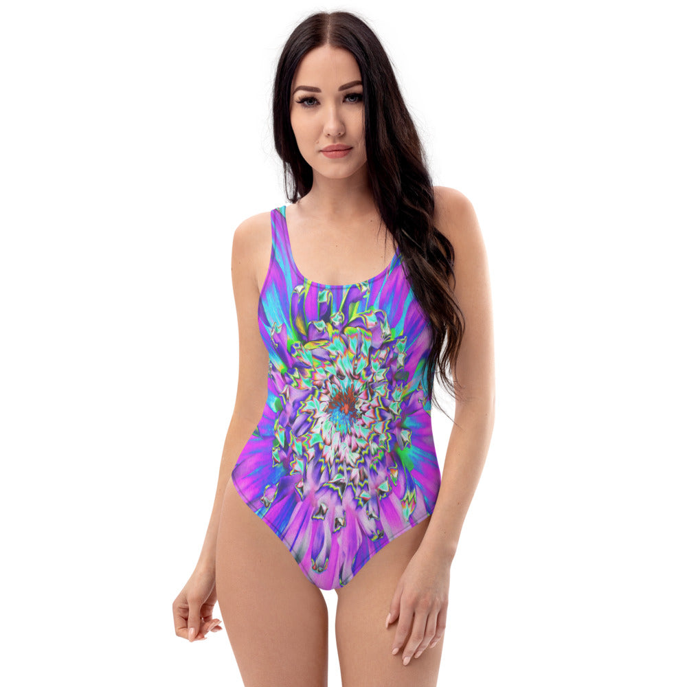 One Piece Swimsuits for Women, Trippy Abstract Aqua, Lime Green and Purple Dahlia