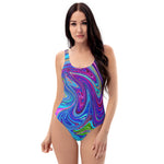One Piece Swimsuit for Women, Blue, Pink and Purple Groovy Abstract Retro Art