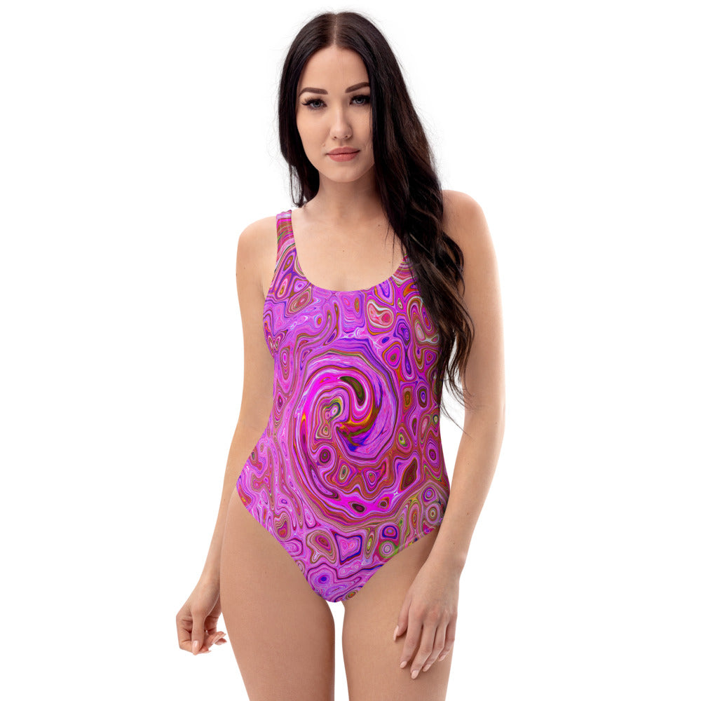 One Piece Swimsuits for Women, Hot Pink Marbled Colors Abstract Retro Swirl