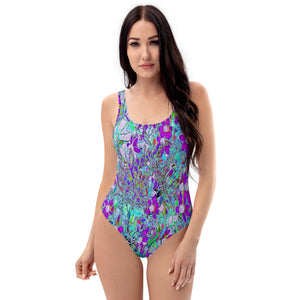 One Piece Swimsuits for Women, Aqua Garden with Violet Blue and Hot Pink Flowers