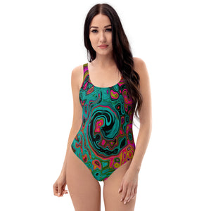 One Piece Swimsuits for Women, Trippy Turquoise Abstract Retro Liquid Swirl