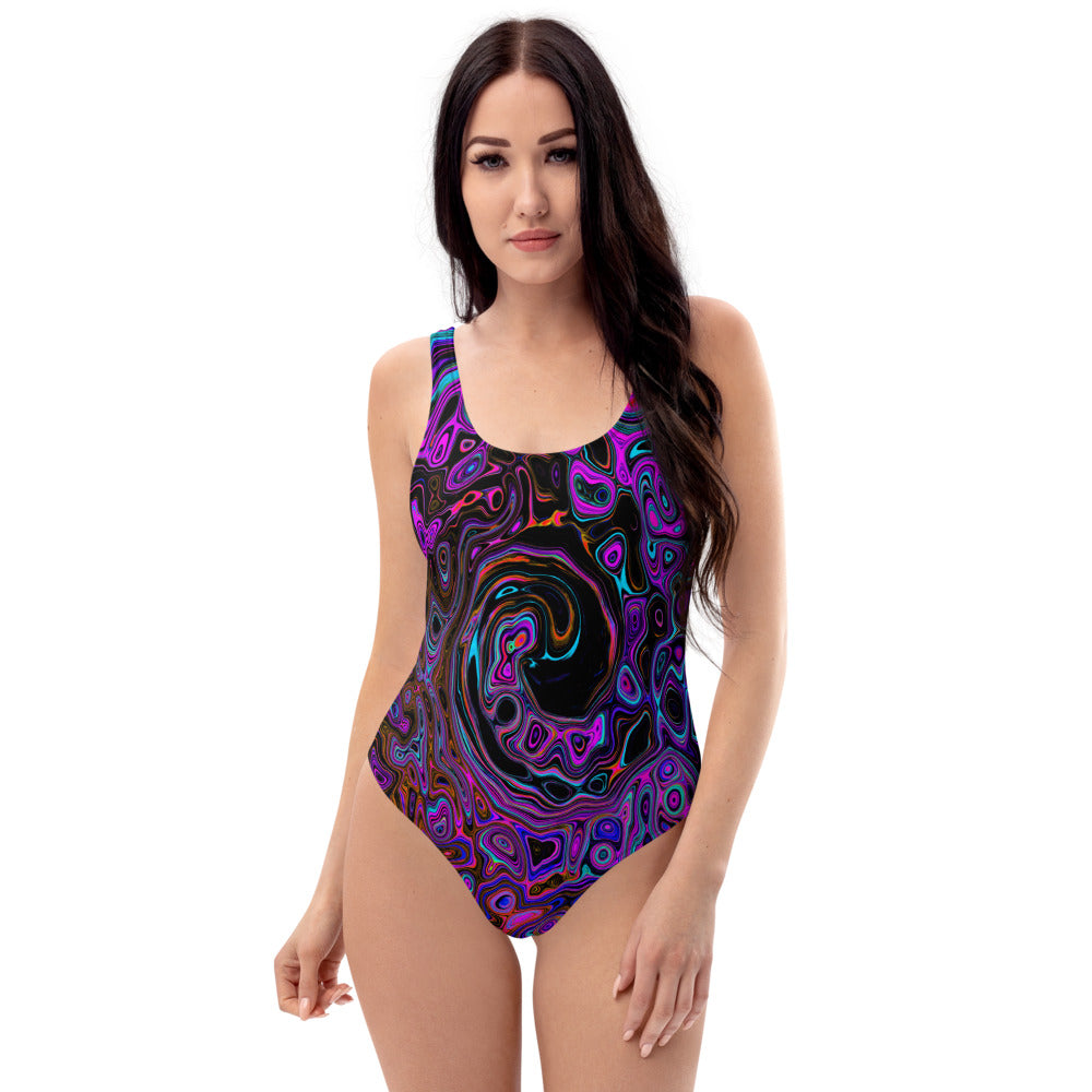 One Piece Swimsuits for Women, Trippy Black and Magenta Retro Liquid Swirl