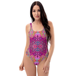 One Piece Swimsuits for Women, Abstract Magenta, Pink, Blue and Red Groovy Pattern