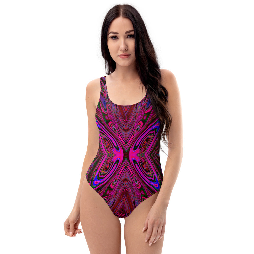 One Piece Swimsuits For Women, Trippy Hot Pink, Red and Blue Abstract Butterfly