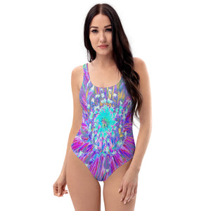 One Piece Swimsuits for Women, Purple and Robin's Egg Blue Decorative Dahlia