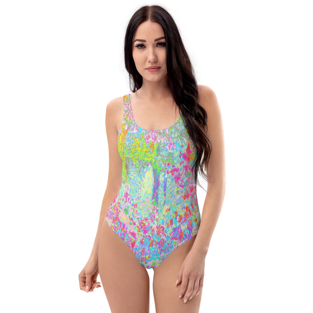 One Piece Swimsuits for Women, Aqua and Hot Pink Sunrise in My Rubio Garden
