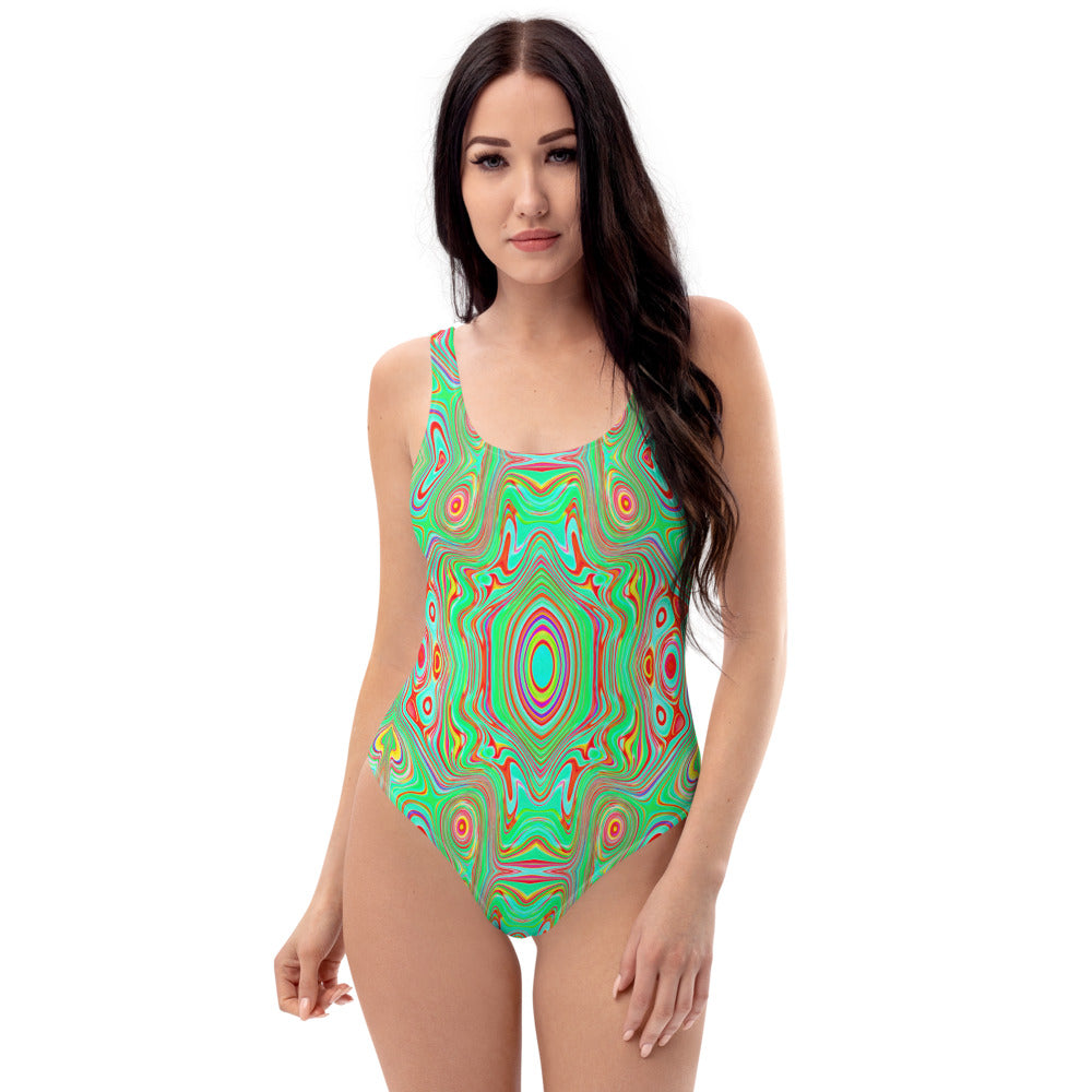 One Piece Swimsuits for Women, Trippy Retro Orange and Lime Green Abstract Pattern