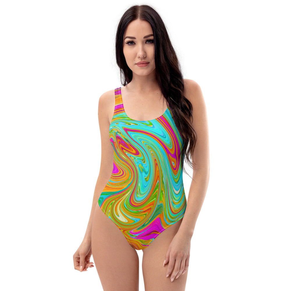 One Piece Swimsuits for Women, Blue, Orange and Hot Pink Groovy Abstract Retro Art