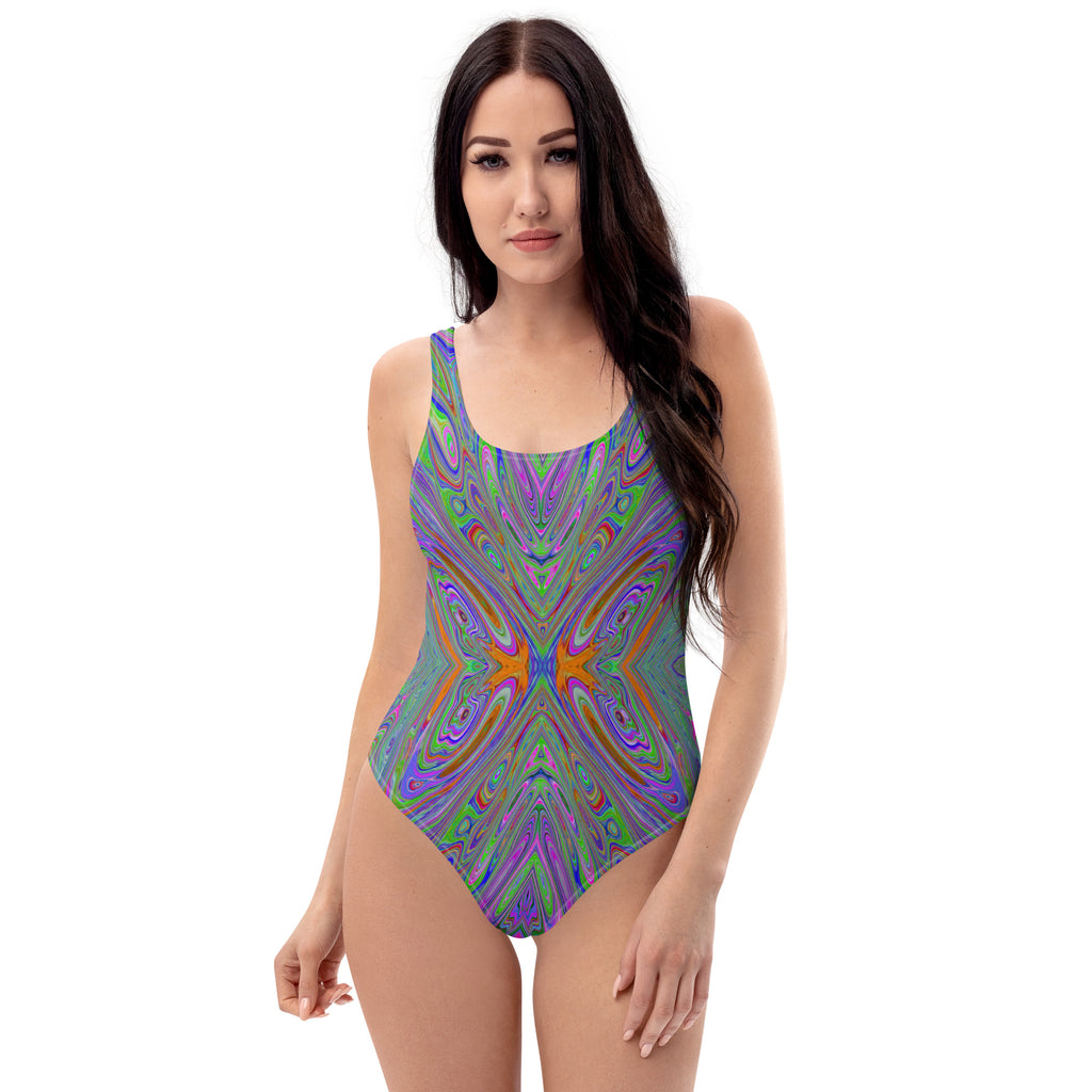 One Piece Swimsuits, Abstract Trippy Purple, Orange and Lime Green Butterfly