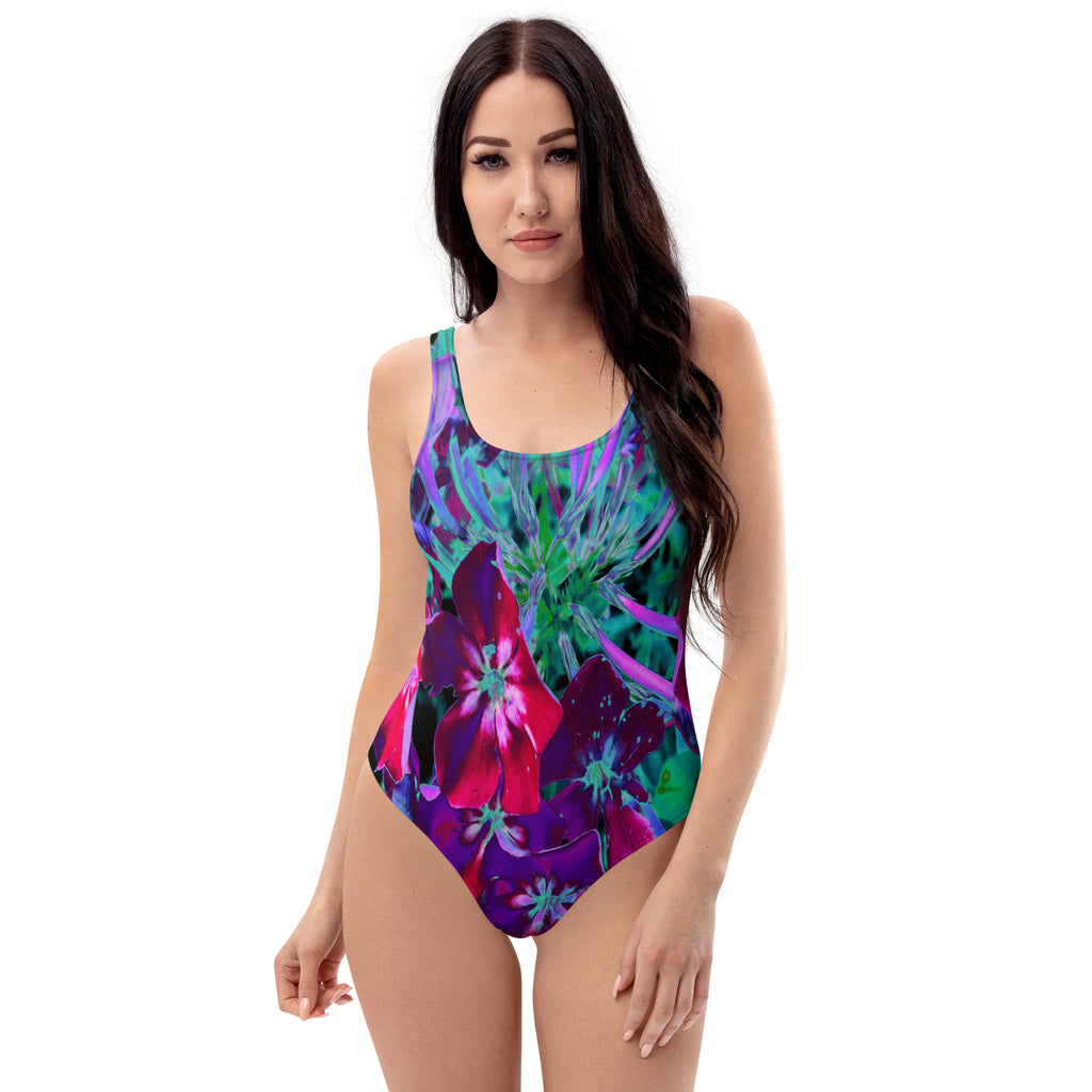 One Piece Swimsuits, Dramatic Red, Purple and Pink Garden Flower