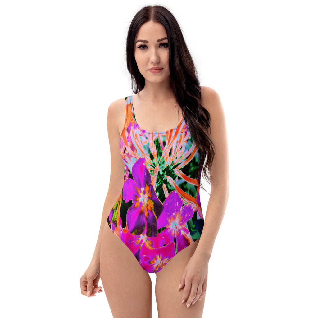One Piece Swimsuits - Blooming Abstract Magenta and Orange Flower