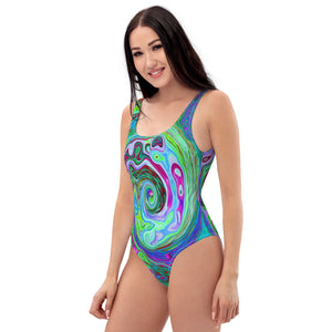 One Piece Swimsuits for Women, Retro Green, Red and Magenta Abstract Groovy Swirl