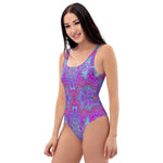 One Piece Swimsuit for Women, Wavy Magenta and Green Trippy Marbled Pattern