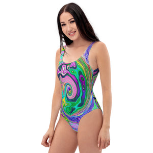 One Piece Swimsuits for Women, Groovy Abstract Aqua and Navy Lava Swirl