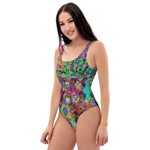 One Piece Swimsuit for Women, Psychedelic Abstract Groovy Purple Sedum