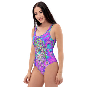 One Piece Swimsuits for Women, Trippy Abstract Aqua, Lime Green and Purple Dahlia