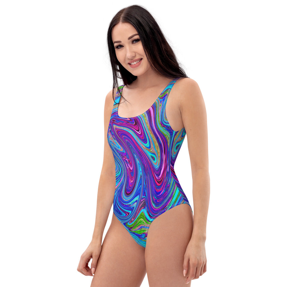 One Piece Swimsuit for Women, Blue, Pink and Purple Groovy Abstract Retro Art