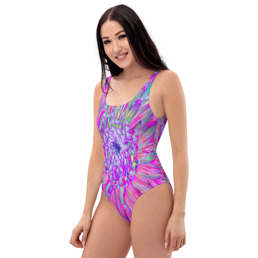 One Piece Swimsuits for Women, Cool Pink Blue and Purple Artsy Dahlia Bloom
