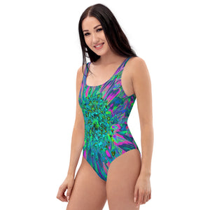 One Piece Swimsuits for Women, Psychedelic Magenta, Aqua and Lime Green Dahlia
