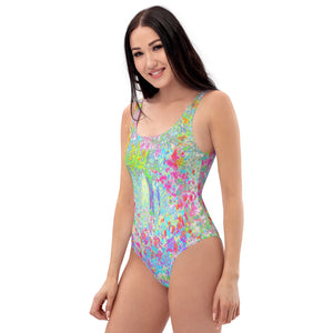 One Piece Swimsuits for Women, Aqua and Hot Pink Sunrise in My Rubio Garden
