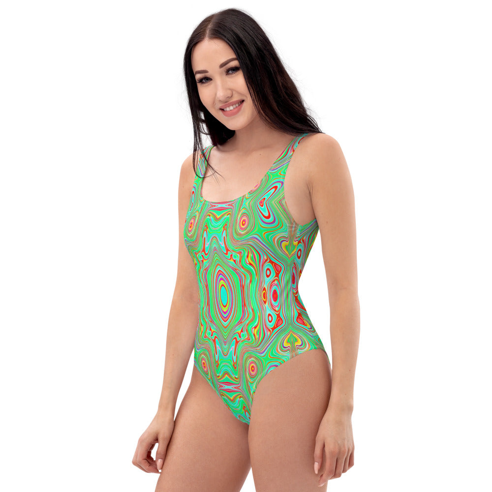 One Piece Swimsuits for Women, Trippy Retro Orange and Lime Green Abstract Pattern