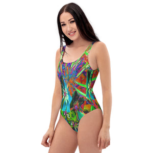 One Piece Swimsuits - Blooming Abstract Blue and Lime Green Flower