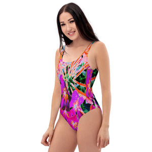 One Piece Swimsuits - Blooming Abstract Magenta and Orange Flower