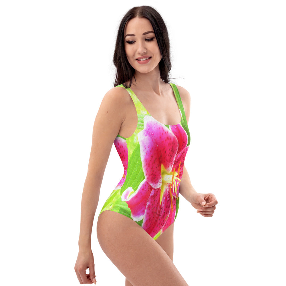 One Piece Swimsuits for Women, Pretty Deep Pink Stargazer Lily on Lime Green