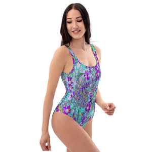 One Piece Swimsuits for Women, Aqua Garden with Violet Blue and Hot Pink Flowers