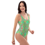 One Piece Swimsuits for Women, Trippy Retro Orange and Lime Green Abstract Pattern