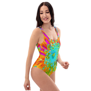 One Piece Swimsuits, Tropical Orange and Hot Pink Decorative Dahlia